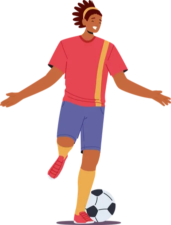 Happy Black Sportsman Soccer Player Win Celebrate Victory And Goal Male Character In Red Football Sportswear Run With Ball And Outspread Arms Sport Success Cartoon People Vector Illustration Illustration