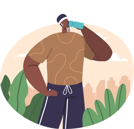 Black Sportsman Character Hydrates Outdoors During A Run Replenishing Fluids To Maintain Performance And Prevent Dehydration Promoting Optimal Physical Endurance Cartoon People Vector Illustration Illustration