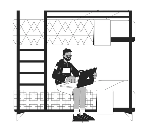 Black Student Sitting On Bunkbed With Laptop Flat Line Black White Vector Character Editable Outline Full Body Person Studying In Bed Simple Cartoon Isolated Spot Illustration For Web Design Illustration