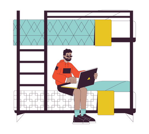 Black student sitting on bunkbed with laptop  Illustration