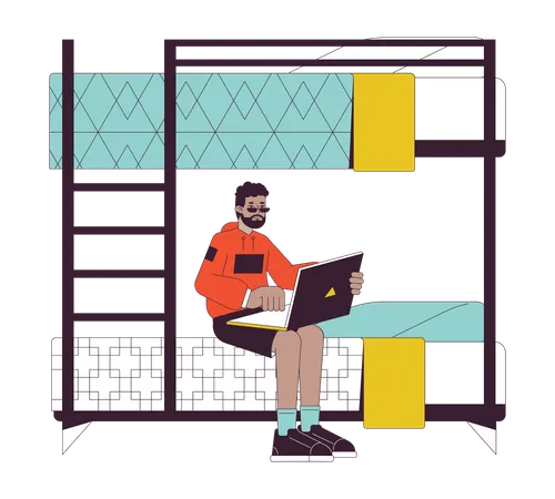 Black student sitting on bunkbed with laptop  Illustration