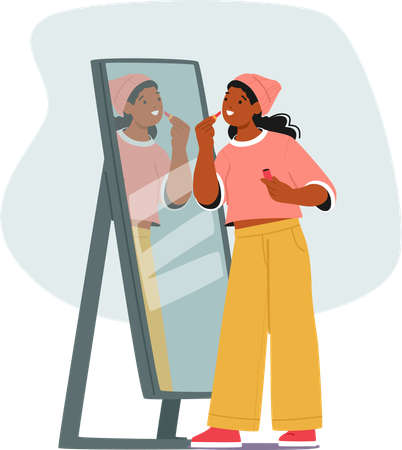 Black Teenage Girl Stands Before Her Mirror  Illustration