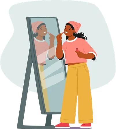 Black Teenage Girl Stands Before Her Mirror  Illustration