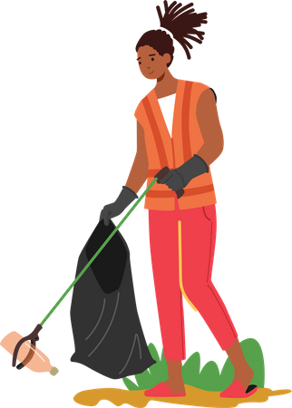 Black Woman Collecting Litter Trash Illustration