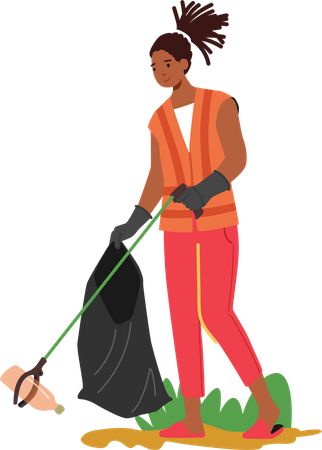 Black Woman Collecting Litter Trash  Illustration