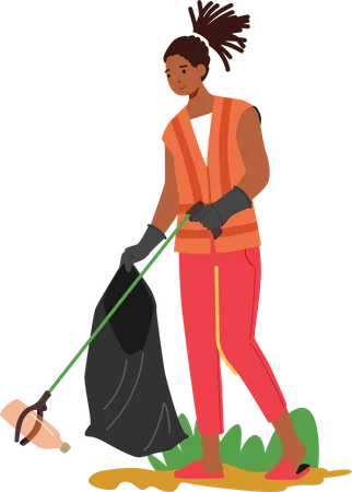 Black Woman Collecting Litter Trash  Illustration