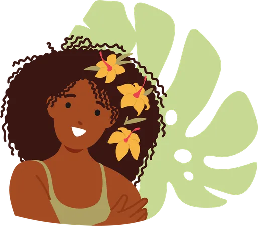 Striking Avatar Of A Black Woman Character Her Gaze Captivating Features Exquisitely Defined Delicate Flowers Adorn Her Hair Adding Touch Of Elegance And Grace Cartoon People Vector Illustration 일러스트레이션