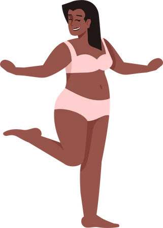 Woman Dressed In Two Piece Swimsuit Flat Vector Illustration Body Positive And Feminism Excess Weight Plus Size Figure African American Smiling Lady Isolated Cartoon Character On White Background Illustration