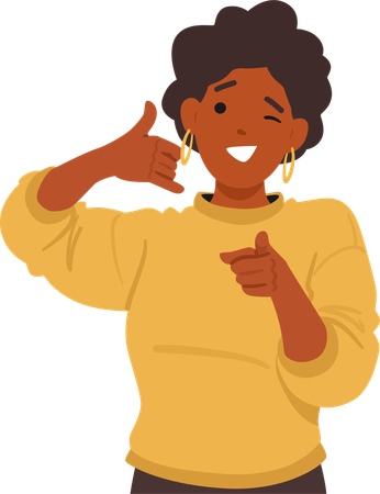 Black Woman Gestures Confidently Pointing Her Index Finger Directly At Viewer While Signaling Call Me Gesture  Illustration