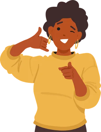 Black Woman Gestures Confidently Pointing Her Index Finger Directly At Viewer While Signaling Call Me Gesture  Illustration