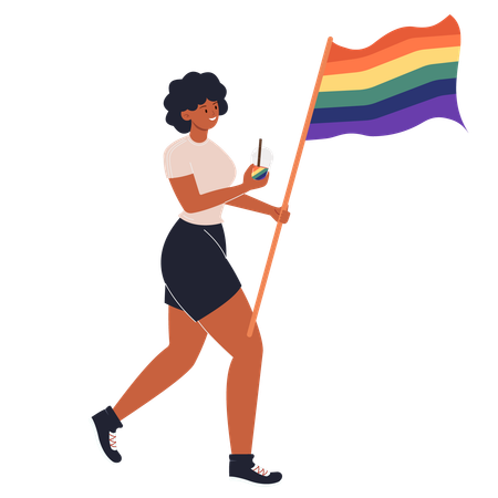 虹の旗を持つ黒人女性  イラスト