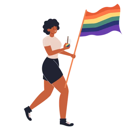 虹の旗を持つ黒人女性  イラスト