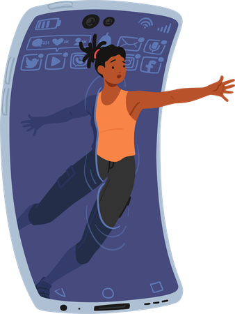 Black Woman Leans Out Of A Mobile Phone Screen  Illustration
