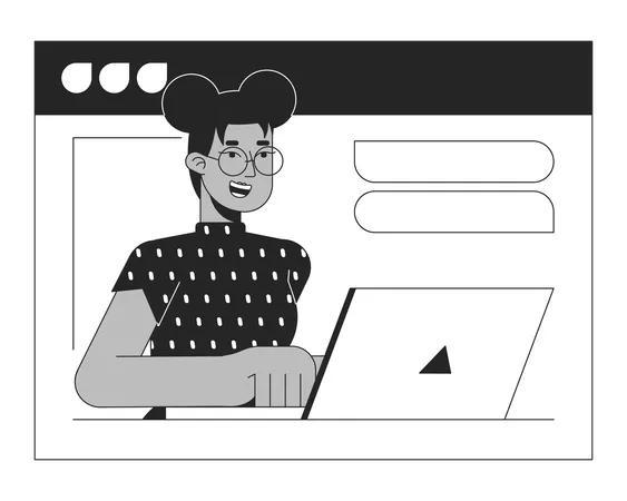 Black Woman On Web Meeting Bw Concept Vector Spot Illustration African American Woman Laptop 2 D Cartoon Flat Line Monochromatic Character For Web UI Design Editable Isolated Outline Hero Image Illustration