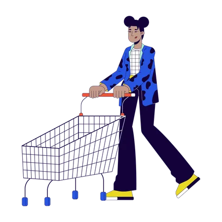 Black Woman Purchasing Shopping Cart 2 D Linear Cartoon Character African American Female Buyer Isolated Line Vector Person White Background Supermarket Trolley Girl Color Flat Spot Illustration Illustration