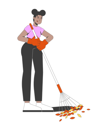 Black woman raking autumn fallen leaves into pile  Illustration