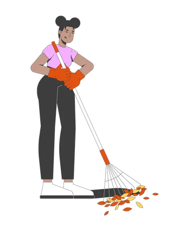 Black woman raking autumn fallen leaves into pile  Illustration