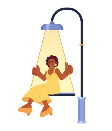 Black Woman Swing Lamp Post 2 D Illustration Concept African American Lady Swinging Under Street Light Isolated Cartoon Character White Background Magic Night Metaphor Abstract Flat Vector Graphic Illustration