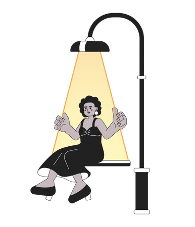 Black Woman Swing Lamp Post Black And White 2 D Illustration Concept African American Lady Swinging Under Street Light Isolated Cartoon Outline Character Magic Night Metaphor Monochrome Vector Art Illustration