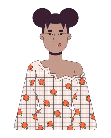 Black Woman Wearing Blouse With Floral Pattern 2 D Linear Cartoon Character Beautiful Female Isolated Line Vector Person White Background Stylish Young Model Color Flat Spot Illustration Illustration
