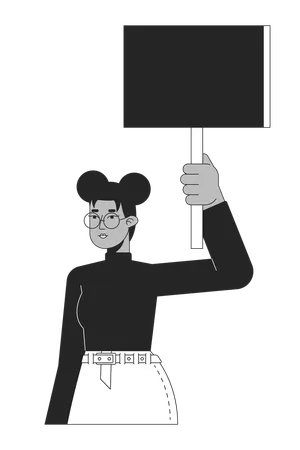Black Woman With Banner Flat Line Black White Vector Character Peaceful Protest Empty Banner Editable Outline Half Body Person Simple Cartoon Isolated Spot Illustration For Web Graphic Design Illustration
