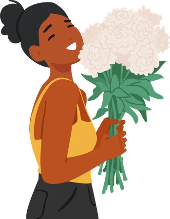 Radiant Black Woman Character Cradling A Lush Bouquet Of Vibrant White Flowers Exudes Joy Her Eyes Sparkle Reflecting The Beauty And Fragrance Clasped In Her Embrace Cartoon Vector Illustration Illustration
