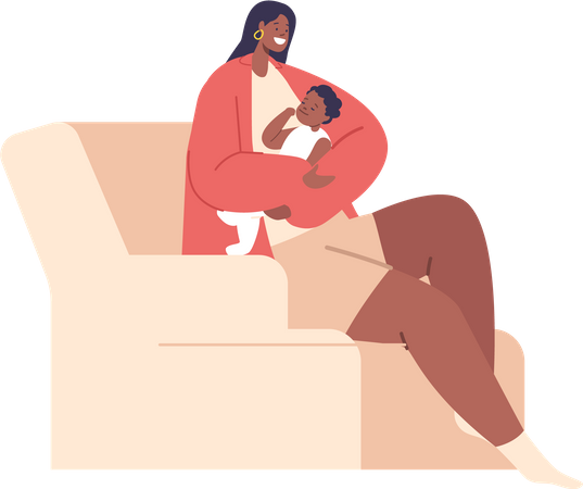 Black Woman with Newborn baby and Seated On Comfortable Armchair  Illustration