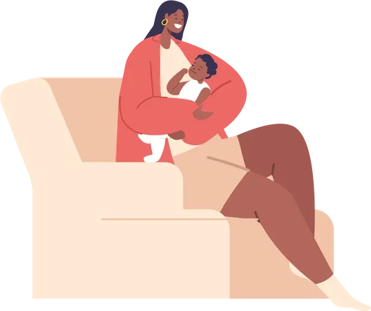 Black Woman with Newborn baby and Seated On Comfortable Armchair  Illustration