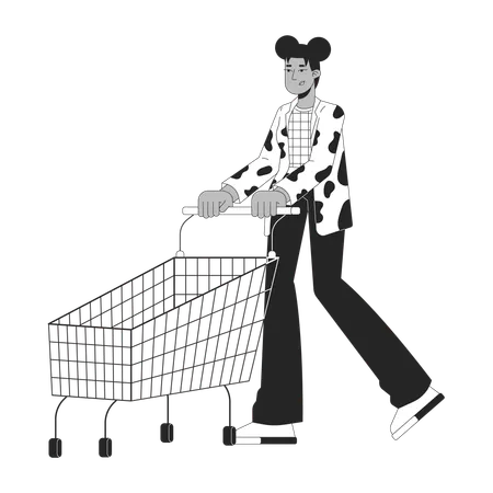 Black Woman With Shopping Cart Black And White 2 D Line Cartoon Character African American Female Buyer Isolated Vector Outline Person Supermarket Trolley Girl Monochromatic Flat Spot Illustration Illustration