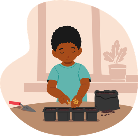 Black Young Boy Gardener Planting Seeds In Pots On Table  Illustration