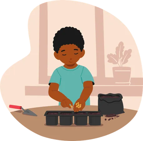 Black Young Boy Gardener Planting Seeds In Pots On Table  Illustration