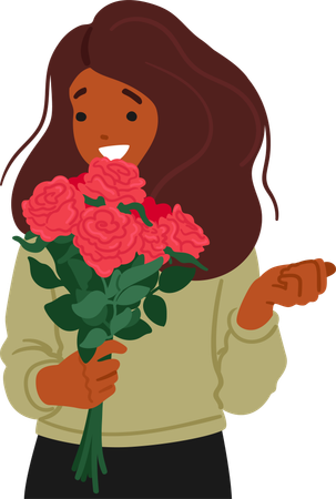 Black Young Woman with Bouquet Of Red Roses  Illustration