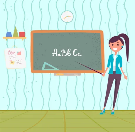 School Education Vector Teacher Holding Pointer Showing Abc On Blackboard Learning To Write And Read Getting Elementary Knowledge Explanation On Board Back To School Concept Flat Cartoon Illustration