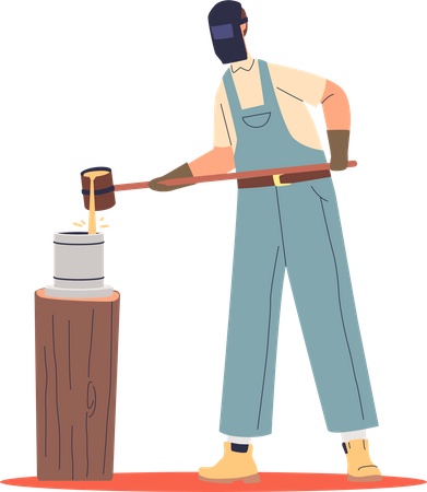 Blacksmith at work casting mold metal wearing protective uniform  Illustration