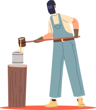 Blacksmith at work casting mold metal wearing protective uniform  Illustration