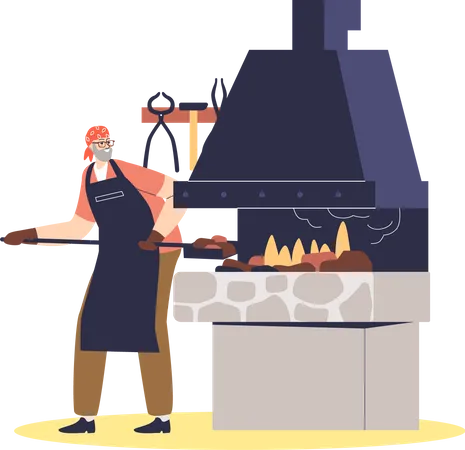 Blacksmith at work firing metal steel in furnace oven in metalwork workshop  Illustration