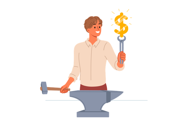 Blacksmith making gold dollar sign  Illustration