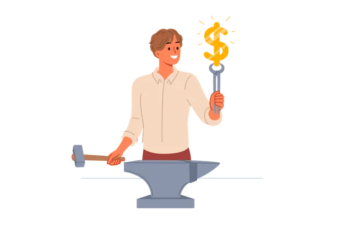 Blacksmith making gold dollar sign  Illustration