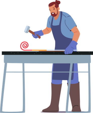 Blacksmith Male Hitting Iron Piece with Hammer  Illustration