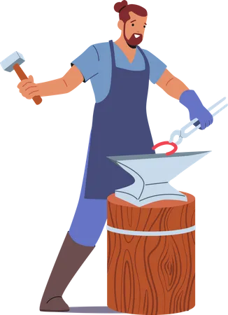 Blacksmith Male Making Horseshoe with Instruments on Anvil  Illustration