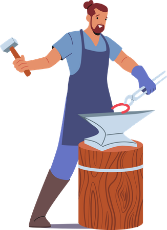 Blacksmith Male Making Horseshoe with Instruments on Anvil Illustration