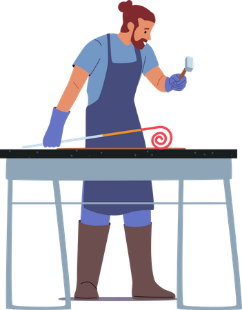 Blacksmith Male Work with Hammer Instrument and Piece of Hot Iron  Illustration
