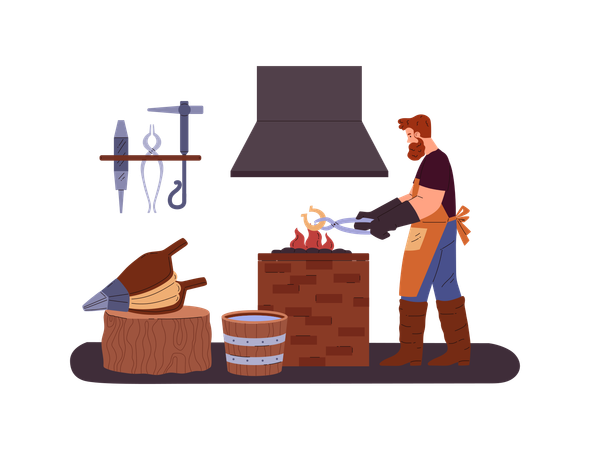 Blacksmith worker processing gold bars  Illustration