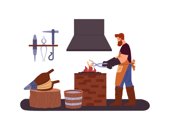 Blacksmith worker processing gold bars  Illustration