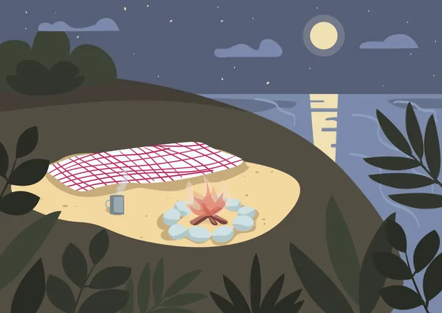 Blanket and bonfire on seashore Illustration