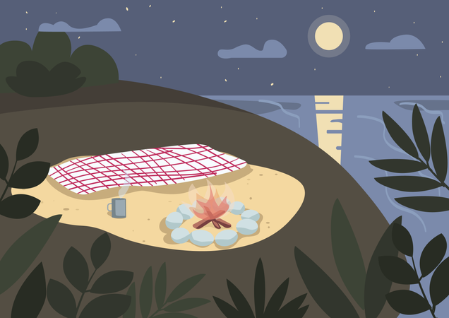 Blanket and bonfire on seashore  Illustration