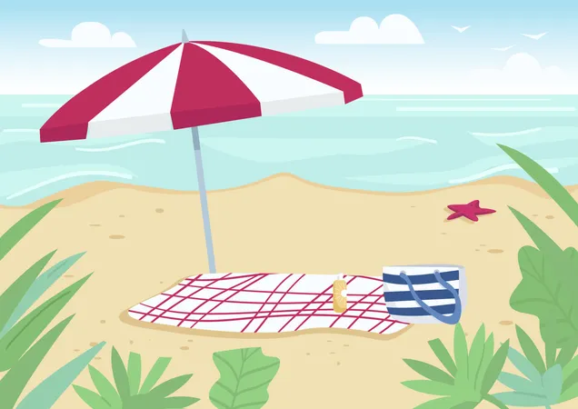 Blanket and sun umbrella on sand beach  Illustration