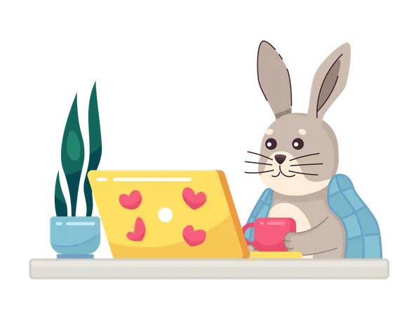 Blanket covered rabbit looking at laptop  Illustration