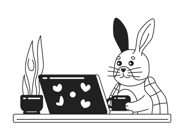 Blanket covered rabbit near laptop  Illustration