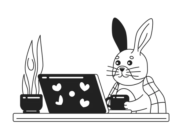 Blanket covered rabbit near laptop  Illustration